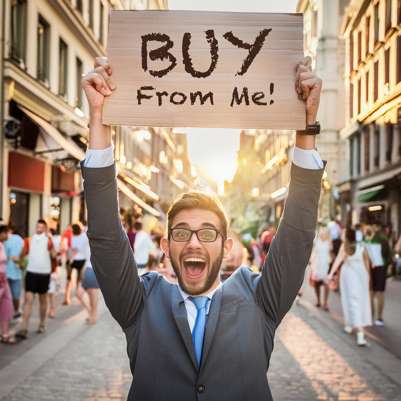 firefly-crazy-business-guy-holding-a-large-sign-saying--buy-from-me--above-head-on-a-busy-street-wit-1 BEAM Automation - Understanding the Buyer's Journey in Inbound Marketing