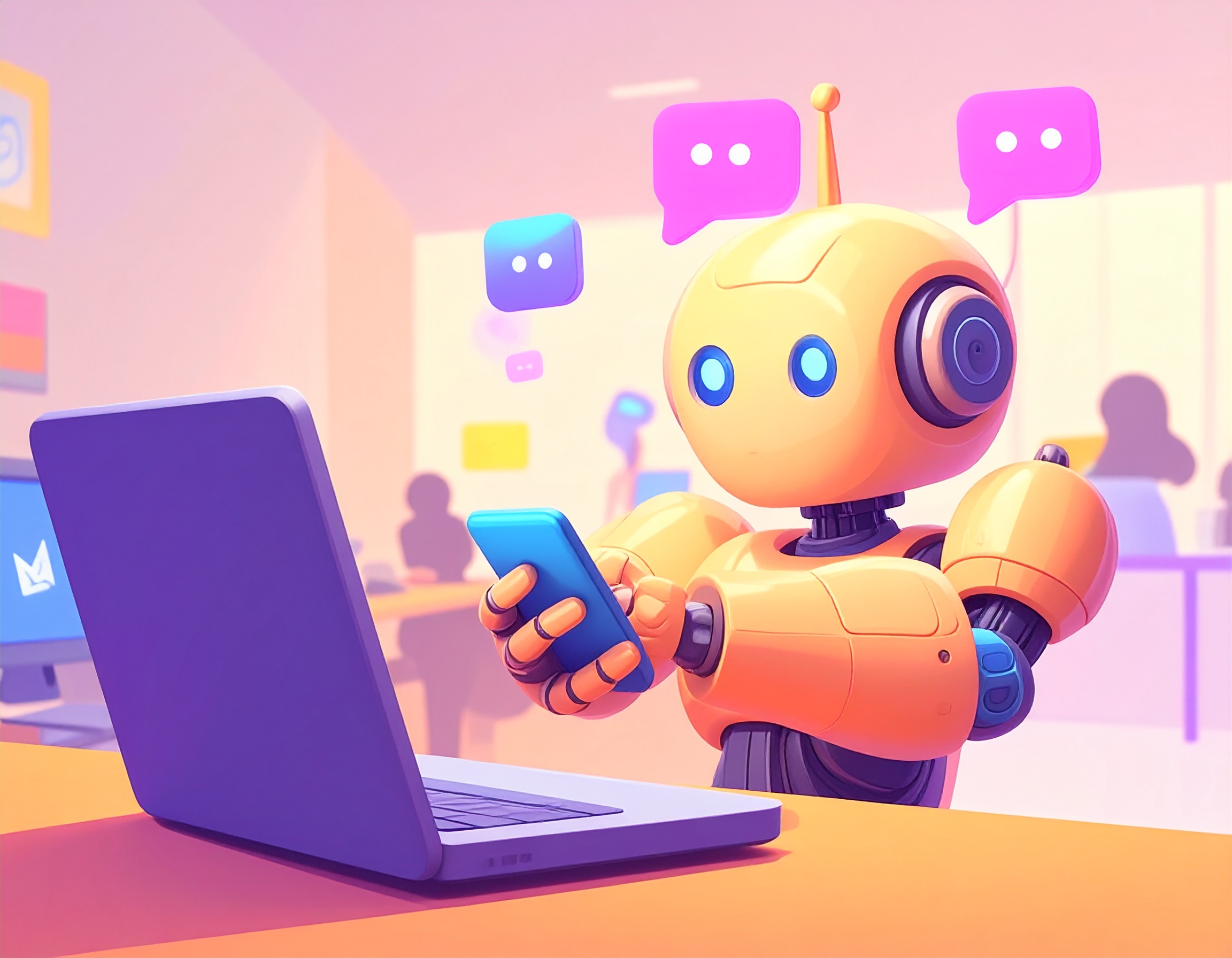 firefly_generate-an-image-that-shows-a-ai-bot-who-is-in-front-of-a-laptop-handling-multiple-e-3070 BEAM Automation | Why 24/7 AI Bots Are Essential for Online E-Commerce Businesses
